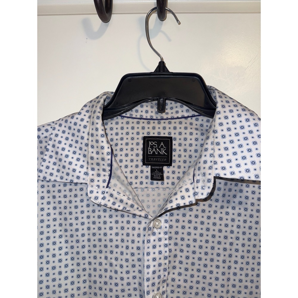 Jos. A. Bank Button Down Mens L Blue Geometric Traveler Tailored Fit Stretch - Picture 2 of 8